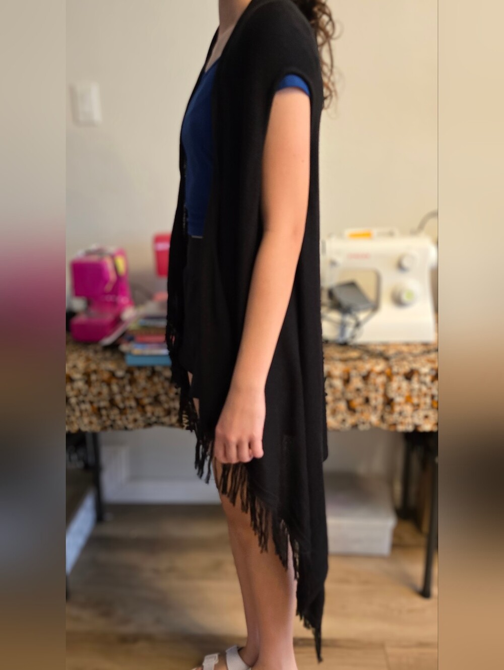 RXB Black Fringe Open-Front Shawl Knit Cardigan Sweater Vest